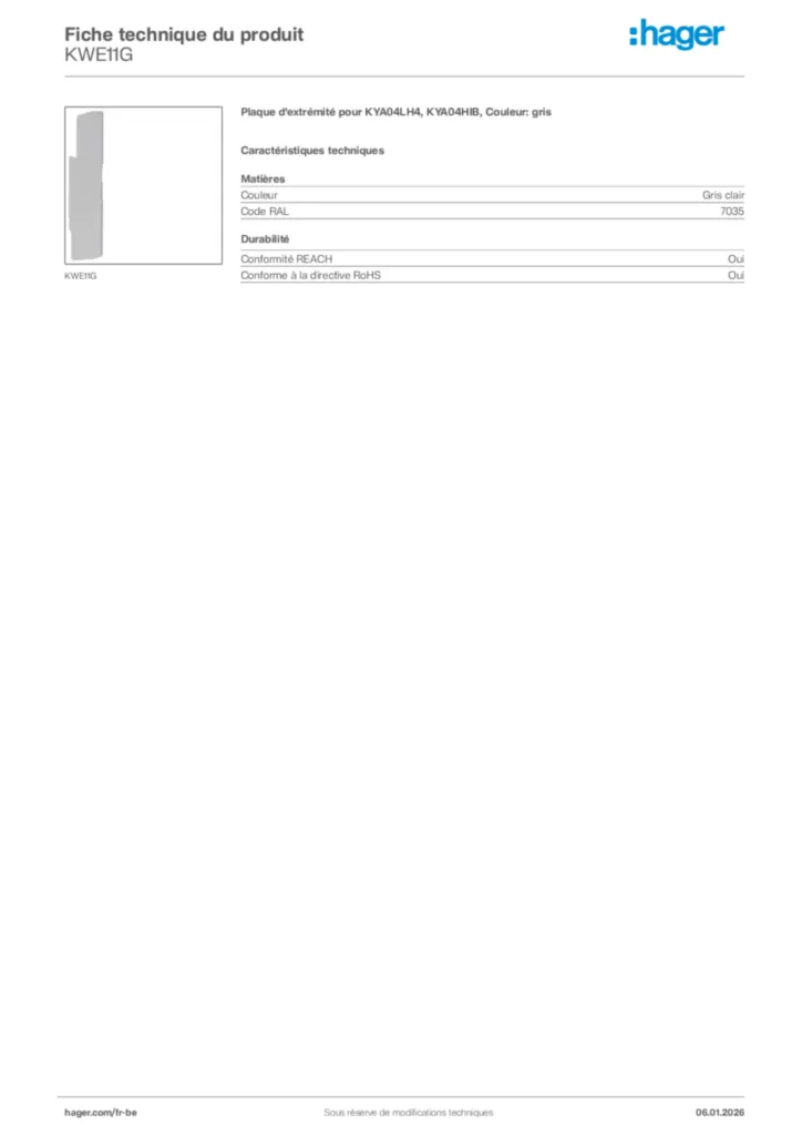 Image Hager Fiche technique du produit KWE11G | Hager Belgique