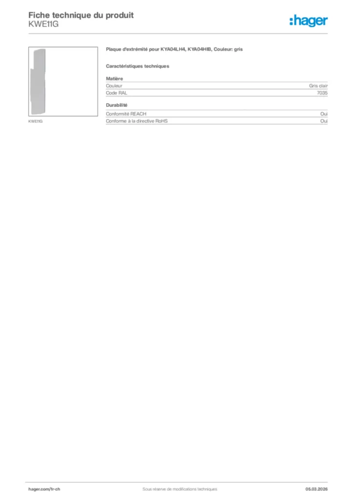 Image Hager Fiche technique du produit KWE11G | Hager Suisse