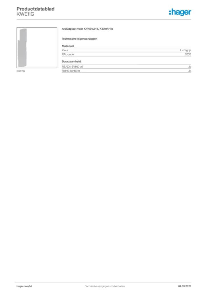 Afbeelding Hager Productdatablad KWE11G | Hager Nederland