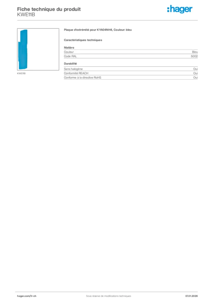 Image Hager Fiche technique du produit KWE11B | Hager Suisse