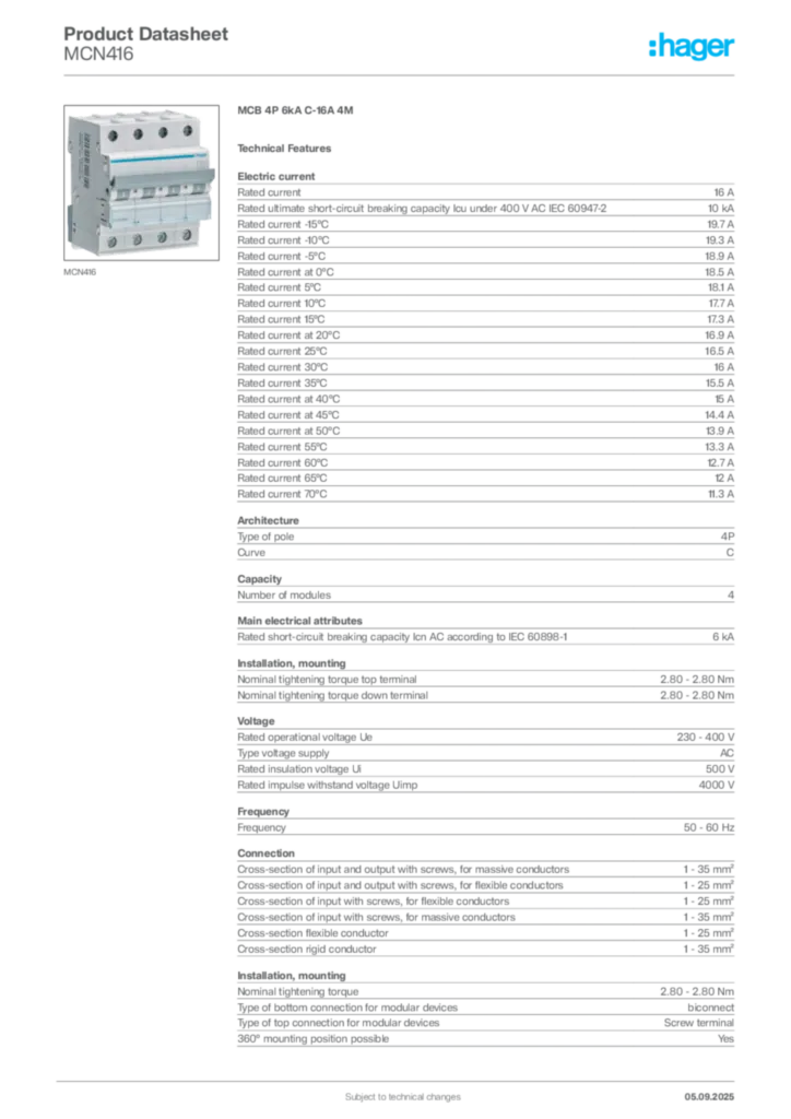 Image Hager Product data sheet MCN416  | Hager