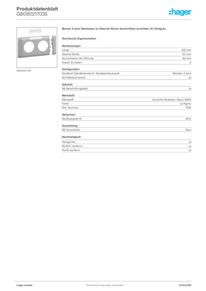Bild Hager Produktdatenblatt GB080217035 | Hager Deutschland
