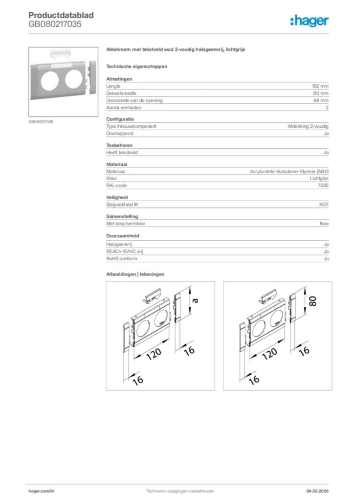 Afbeelding Hager Productdatablad GB080217035 | Hager Nederland