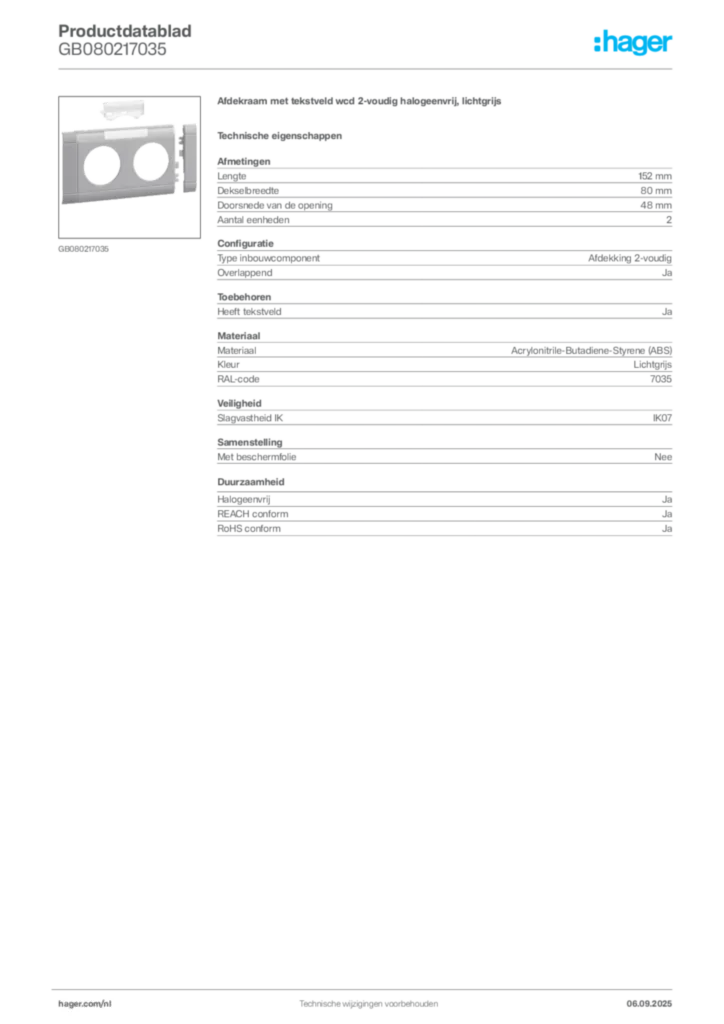 Afbeelding Hager Productdatablad GB080217035 | Hager Nederland