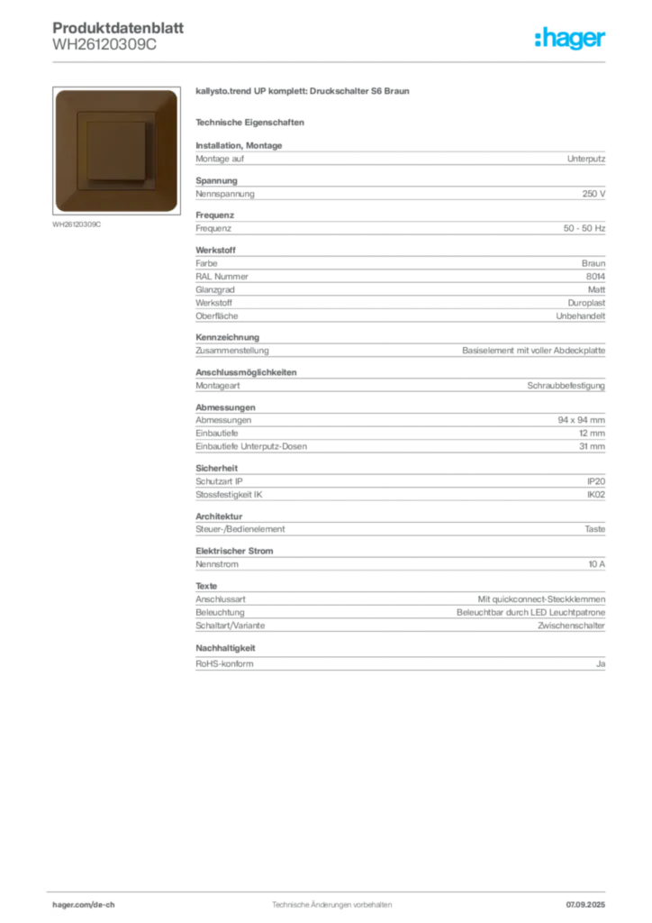 Bild Hager Produktdatenblatt WH26120309C | Hager Schweiz