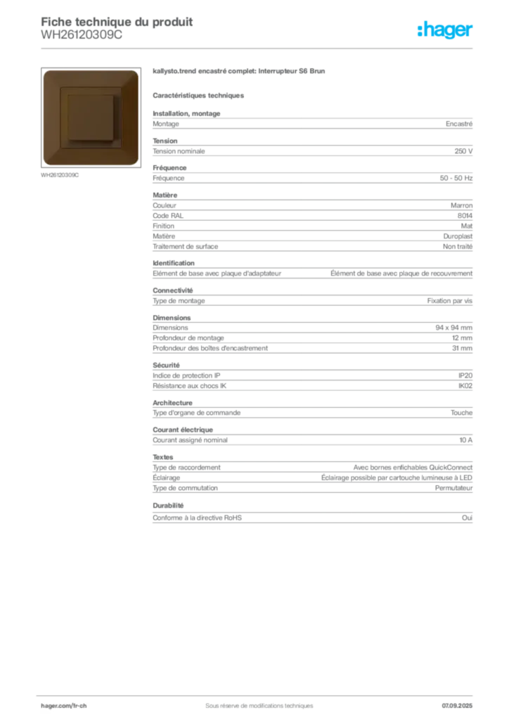 Image Hager Fiche technique du produit WH26120309C | Hager Suisse