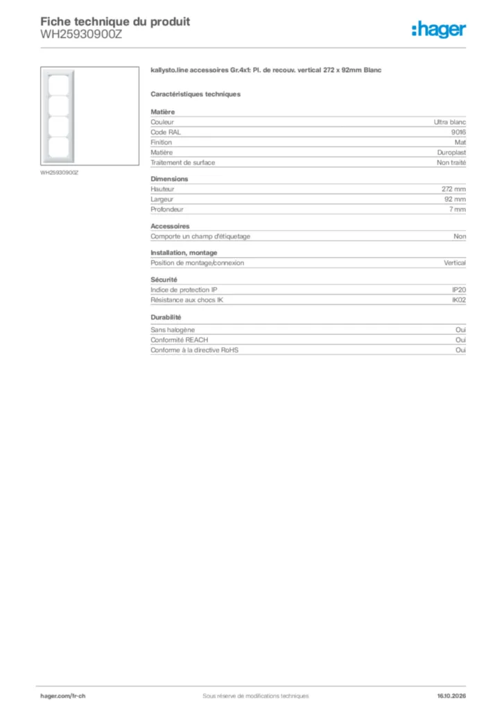 Image Hager Fiche technique du produit WH25930900Z | Hager Suisse