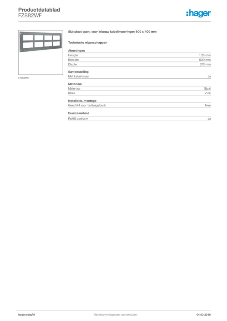 Afbeelding Hager Productdatablad FZ882WF | Hager Nederland