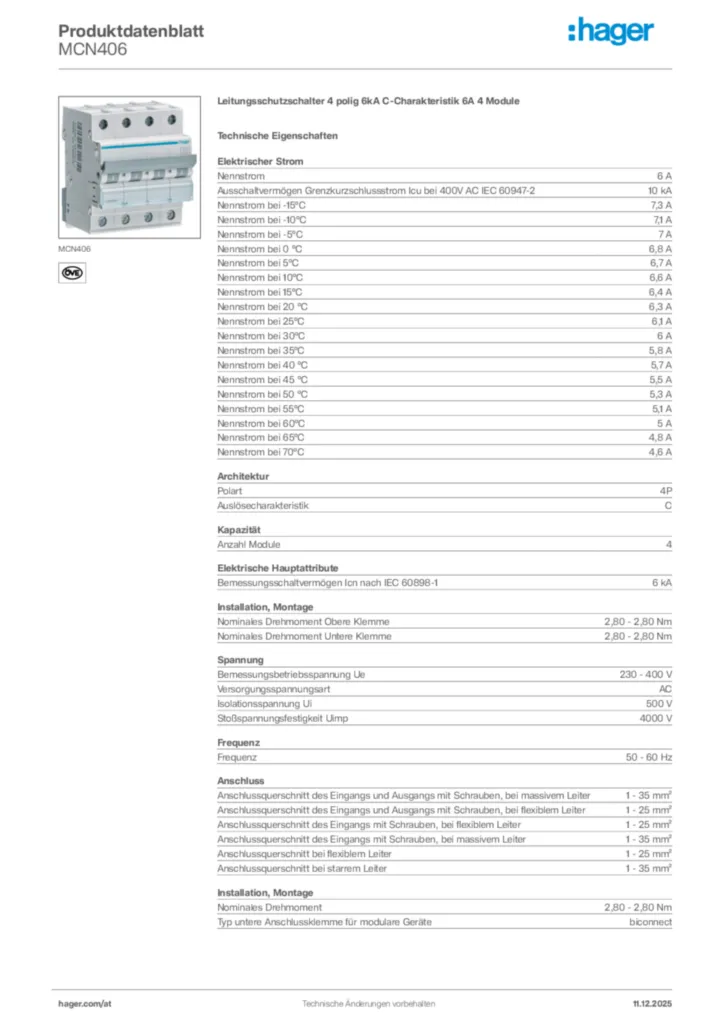 Bild Hager Produktdatenblatt MCN406 | Hager Deutschland