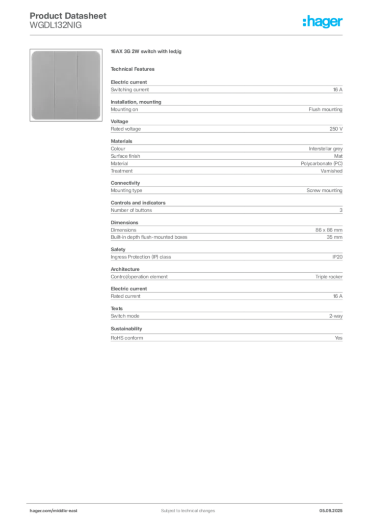 Image Hager Product data sheet WGDL132NIG  | Hager