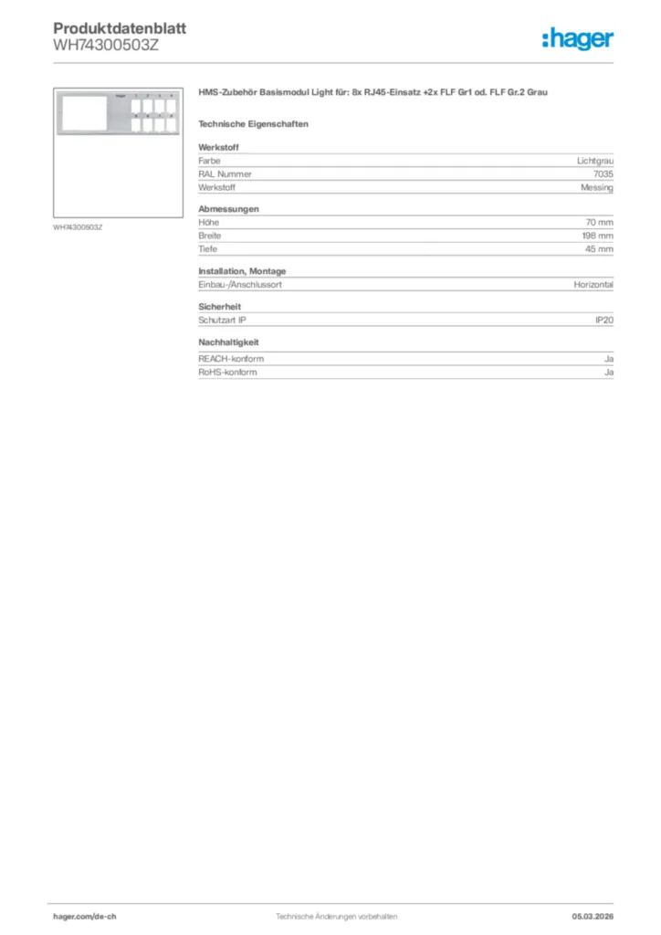 Bild Hager Produktdatenblatt WH74300503Z | Hager Schweiz