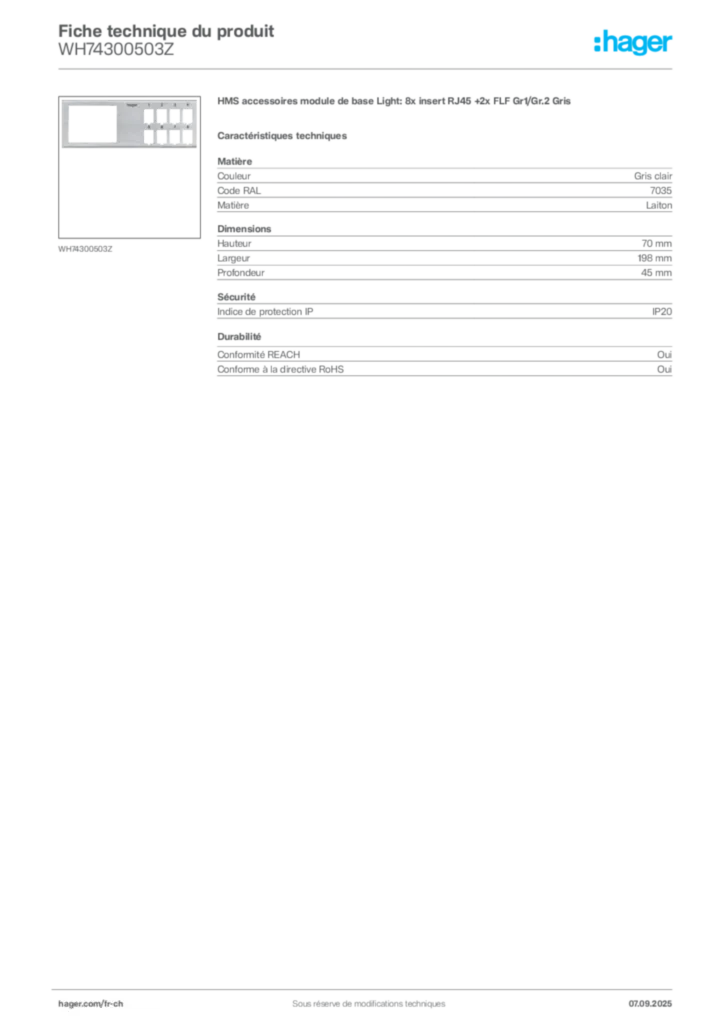Image Hager Fiche technique du produit WH74300503Z | Hager Suisse