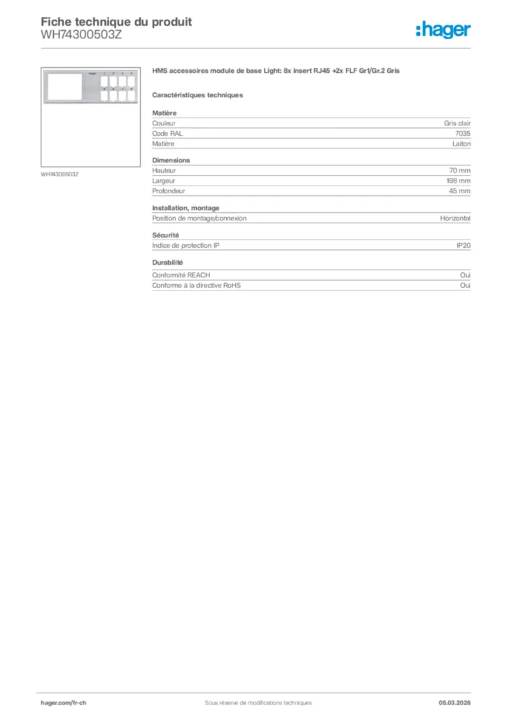 Image Hager Fiche technique du produit WH74300503Z | Hager Suisse