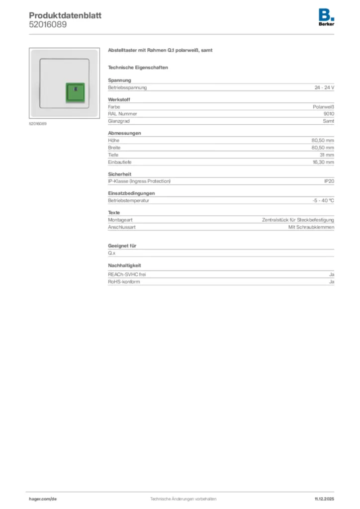 Berker Produktdatenblatt 52016089