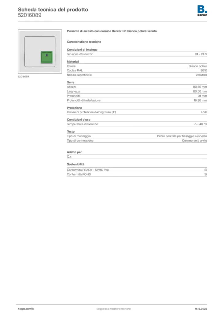 Immagine Berker Scheda tecnica del prodotto 52016089 | Hager Italia