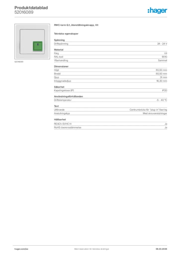 Bild Hager Produktdatablad 52016089 | Hager Sverige
