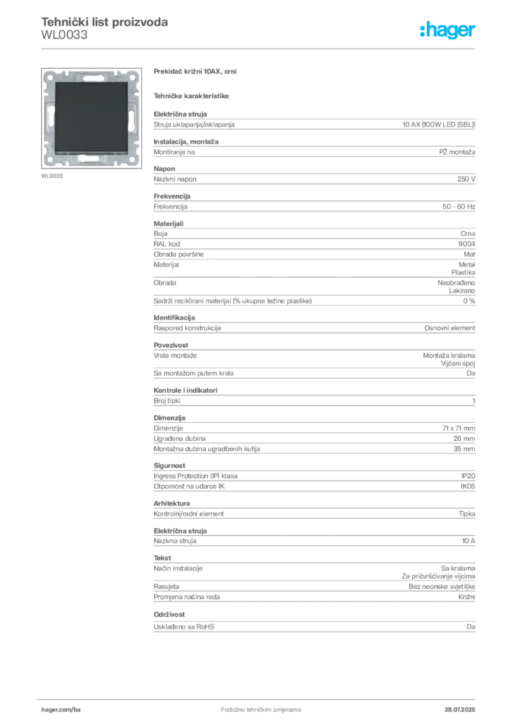 Slika Hager Product data sheet WL0033  | Hager