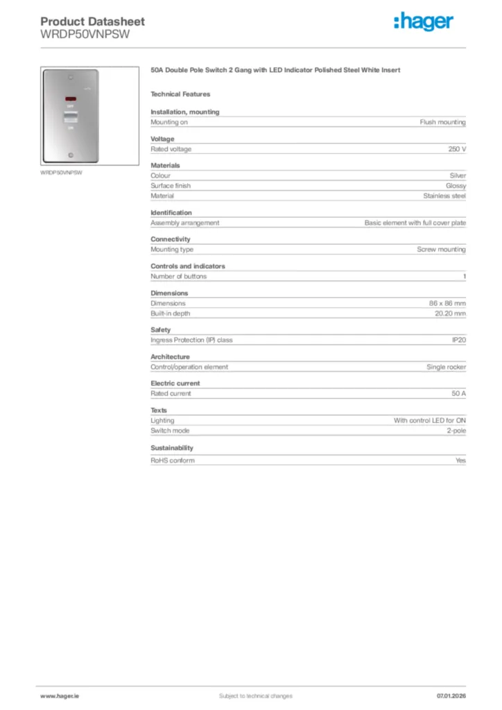 Image Hager Product data sheet WRDP50VNPSW  | Hager