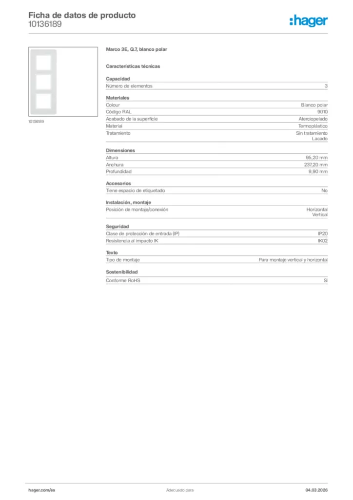 Imagen Hager Ficha de datos de producto 10136189 | Hager España