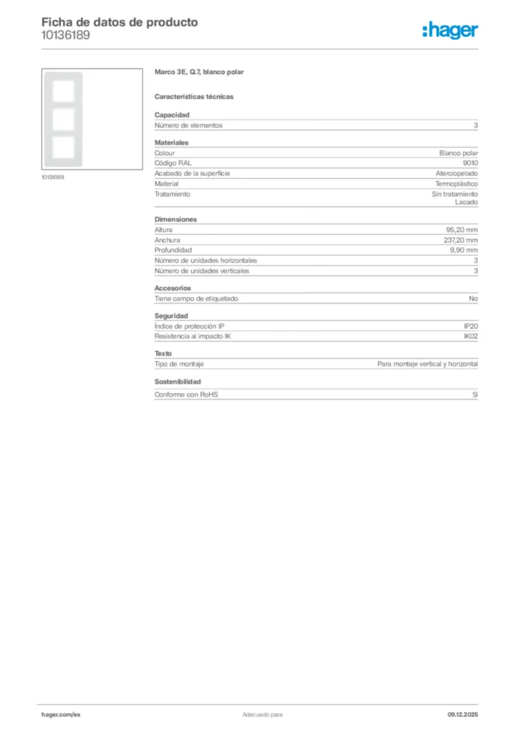 Imagen Hager Ficha de datos de producto 10136189 | Hager España