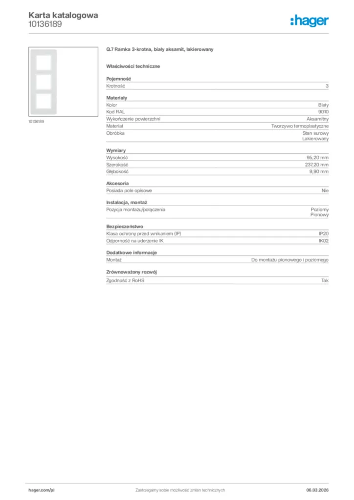 Zdjęcie Hager Karta katalogowa 10136189 | Hager Polska
