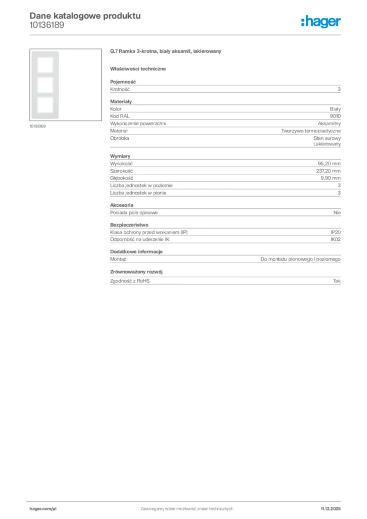 Zdjęcie Hager Dane katalogowe produktu 10136189 | Hager Polska