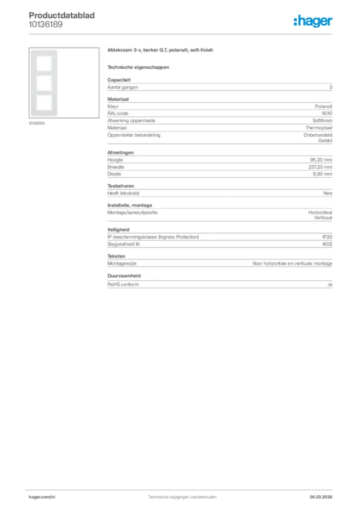 Afbeelding Hager Productdatablad 10136189 | Hager Nederland