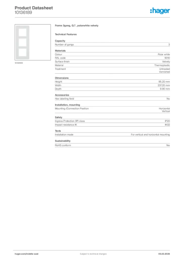 Image Hager Product data sheet 10136189  | Hager