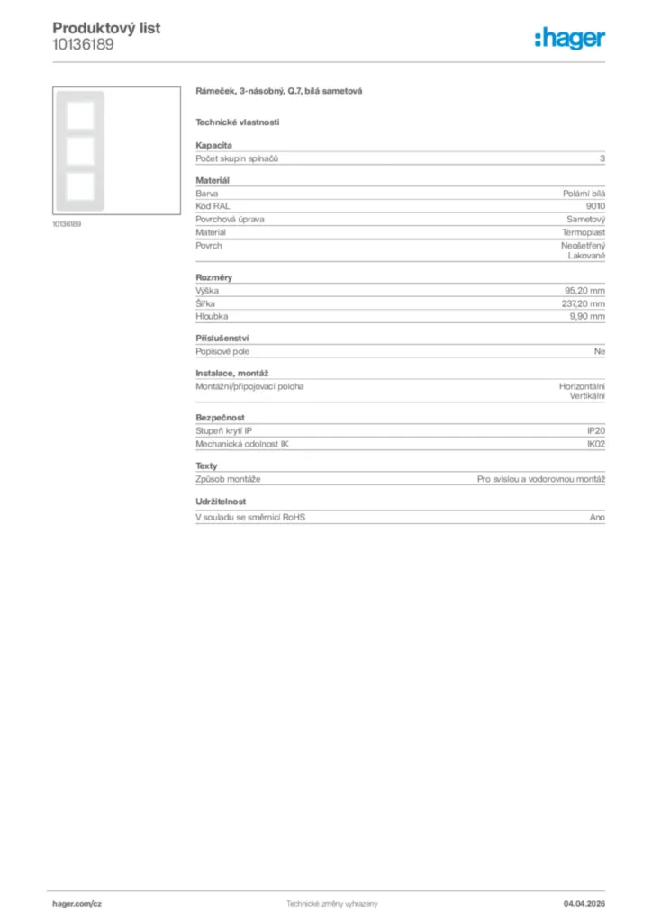 Obrázek Hager Product data sheet 10136189 | Hager