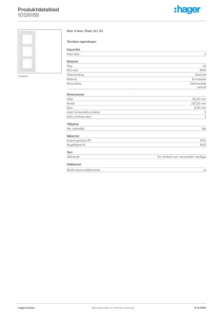 Bild Hager Produktdatablad 10136189 | Hager Sverige