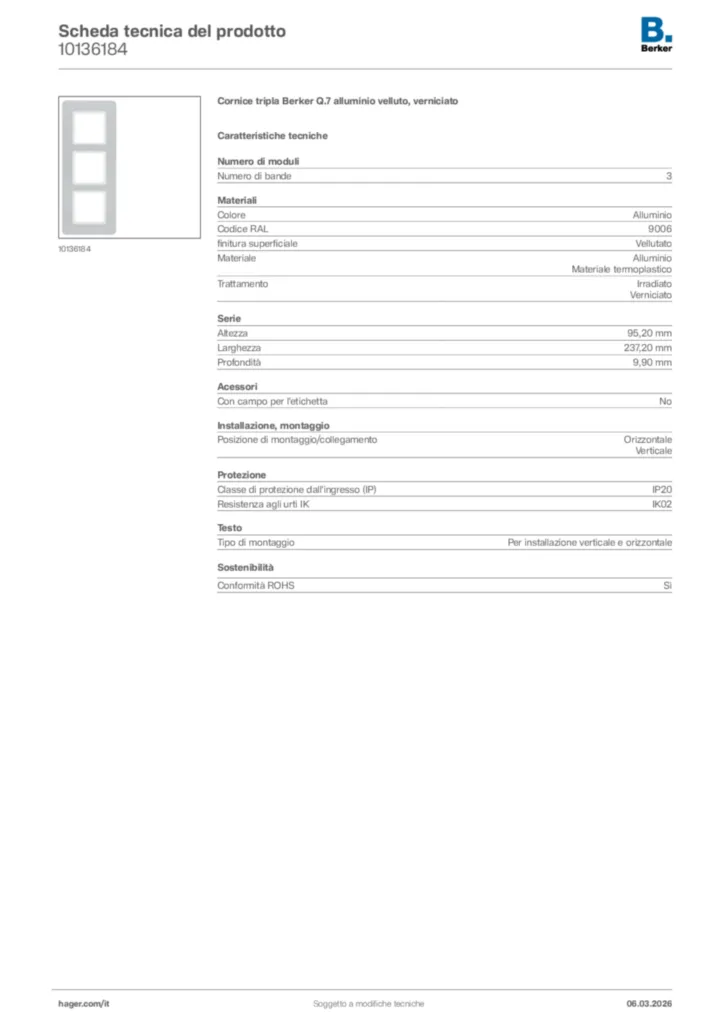 Immagine Berker Scheda tecnica del prodotto 10136184 | Hager Italia