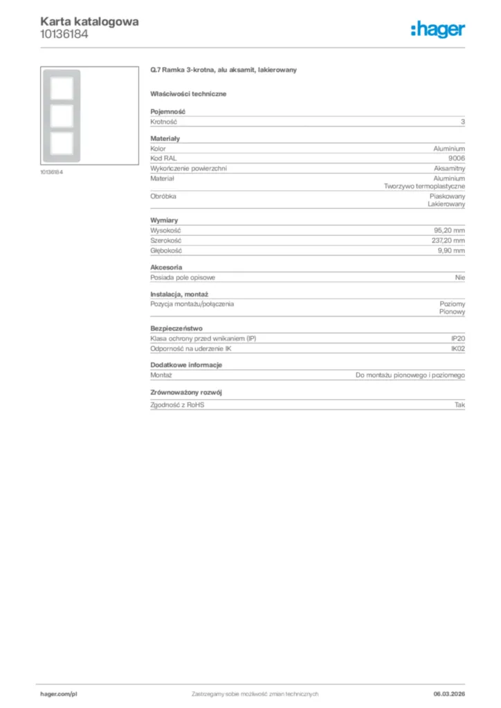 Zdjęcie Hager Karta katalogowa 10136184 | Hager Polska