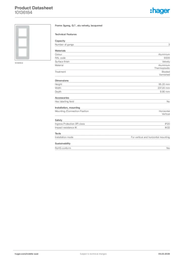 Image Hager Product data sheet 10136184  | Hager