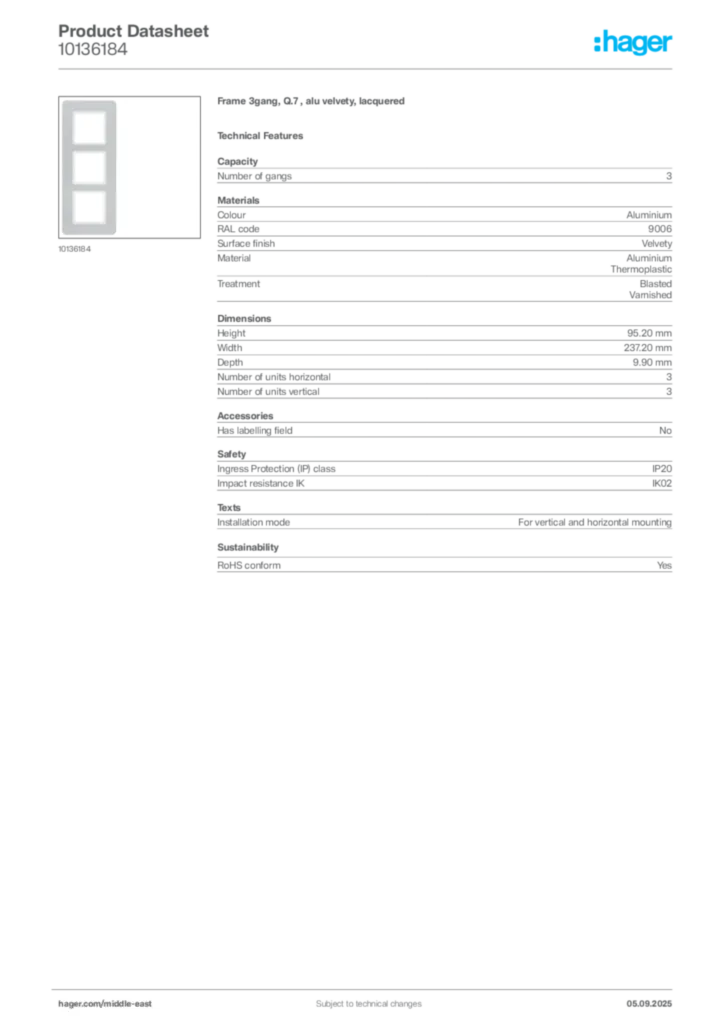 Image Hager Product data sheet 10136184  | Hager