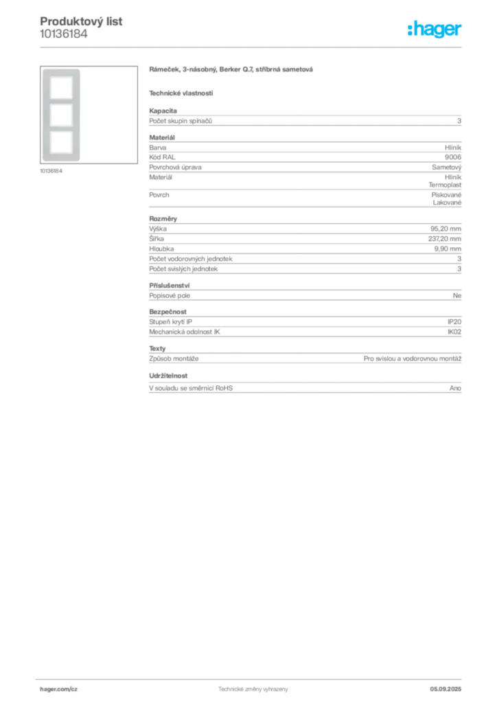 Obrázek Hager Produktový list 10136184 | Hager