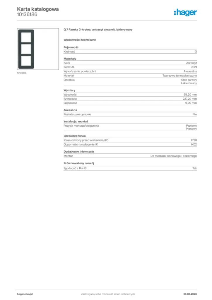 Zdjęcie Hager Karta katalogowa 10136186 | Hager Polska