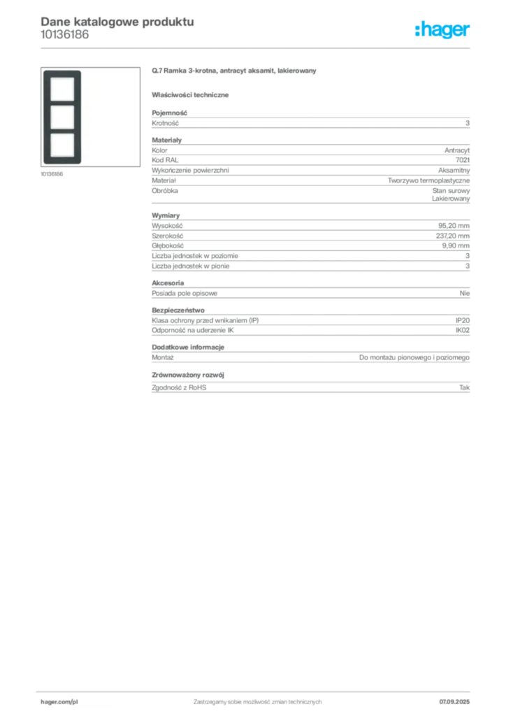 Zdjęcie Hager Dane katalogowe produktu 10136186 | Hager Polska