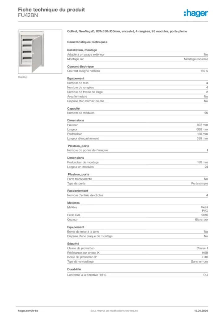 Image Hager Fiche technique du produit FU42BN | Hager Belgique