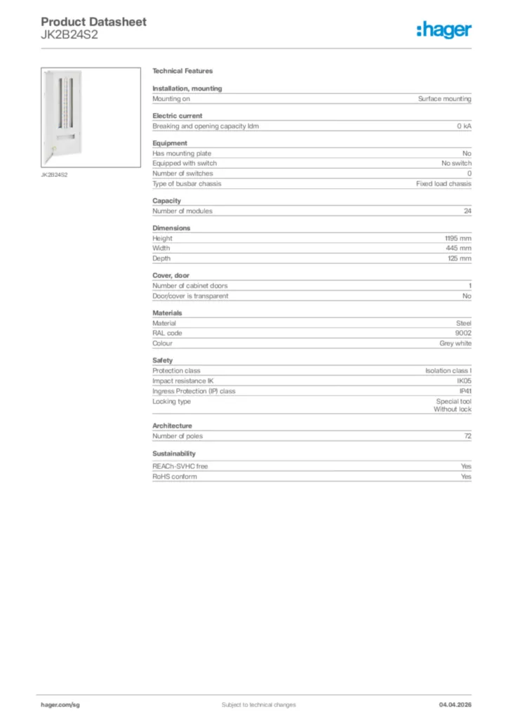 Image Hager Product data sheet JK2B24S2  | Hager