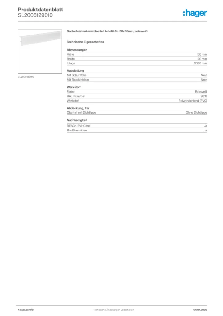 Bild Hager Produktdatenblatt SL2005129010 | Hager Deutschland