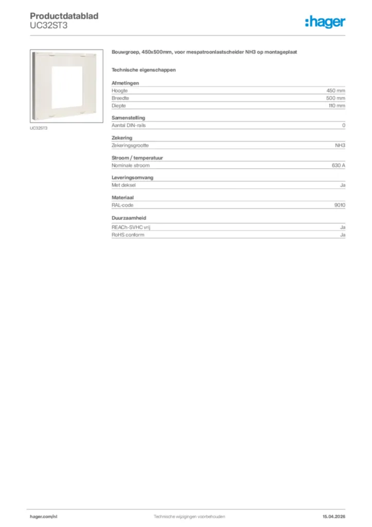 Afbeelding Hager Productdatablad UC32ST3 | Hager Nederland