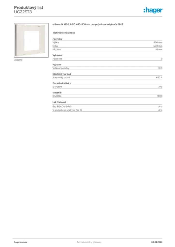 Obrázek Hager Product data sheet UC32ST3 | Hager