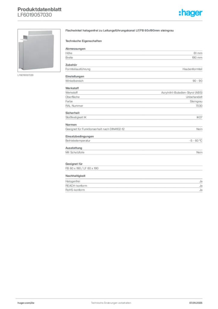 Bild Hager Produktdatenblatt LF6019057030 | Hager Deutschland