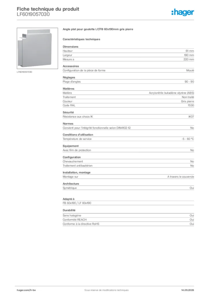 Image Hager Fiche technique du produit LF6019057030 | Hager Belgique