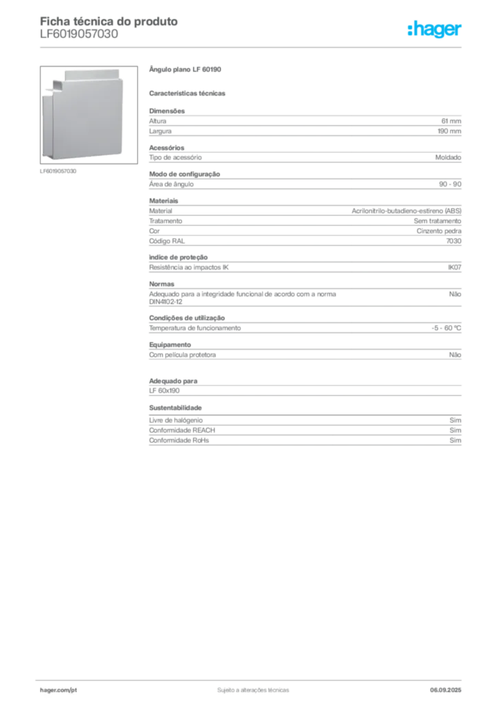 Imagem Hager Ficha técnica do produto LF6019057030 | Hager Portugal