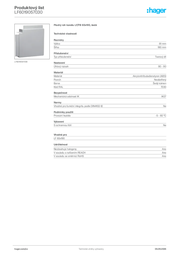 Obrázek Hager Produktový list LF6019057030 | Hager