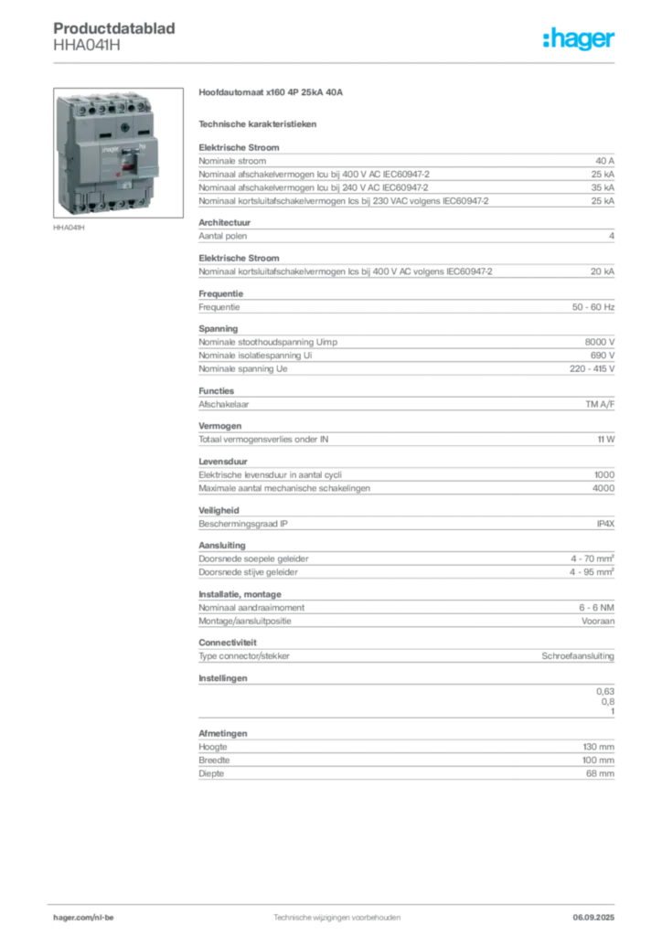 Afbeelding Hager Productdatablad HHA041H | Hager Belgium