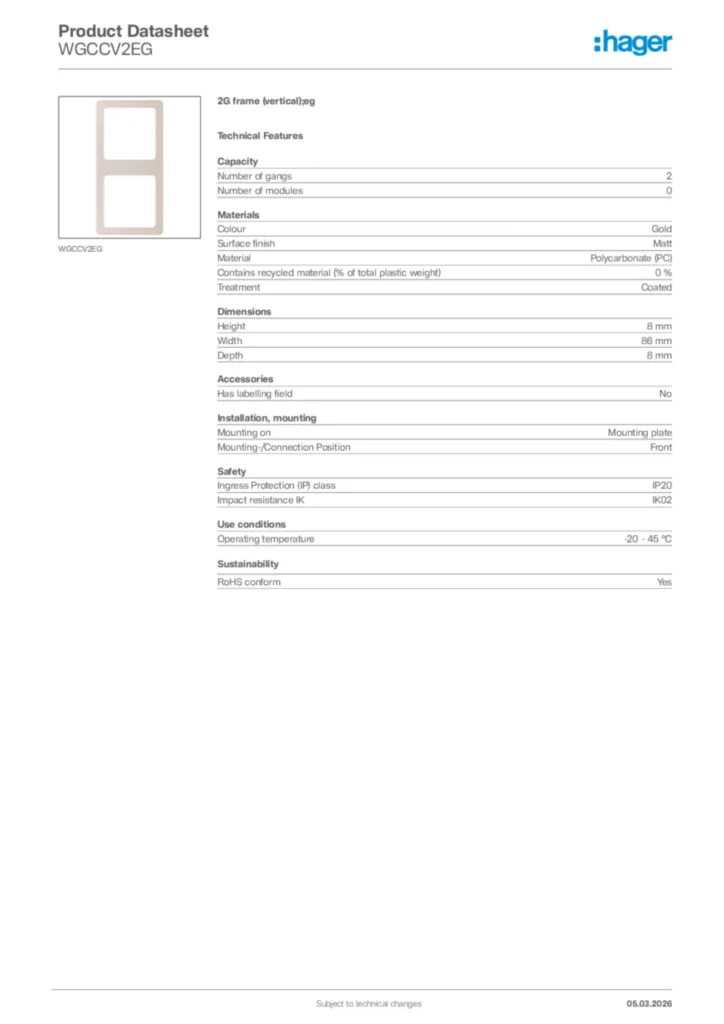 Image Hager Product data sheet WGCCV2EG  | Hager Africa