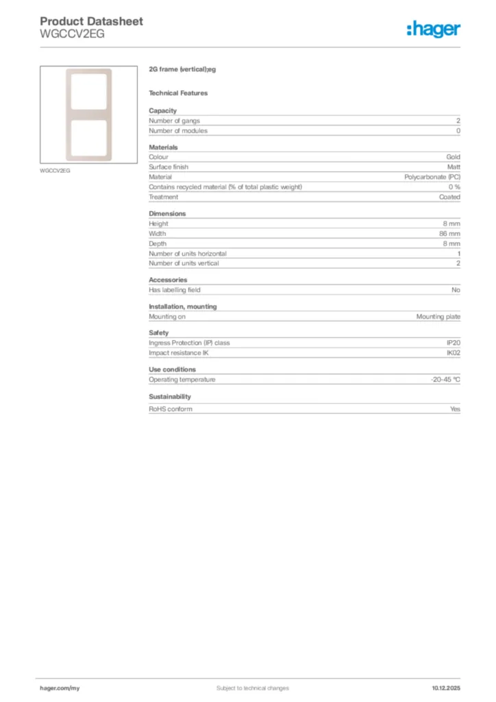 Image Hager Product data sheet WGCCV2EG  | Hager