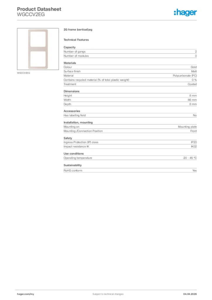 Image Hager Product data sheet WGCCV2EG  | Hager